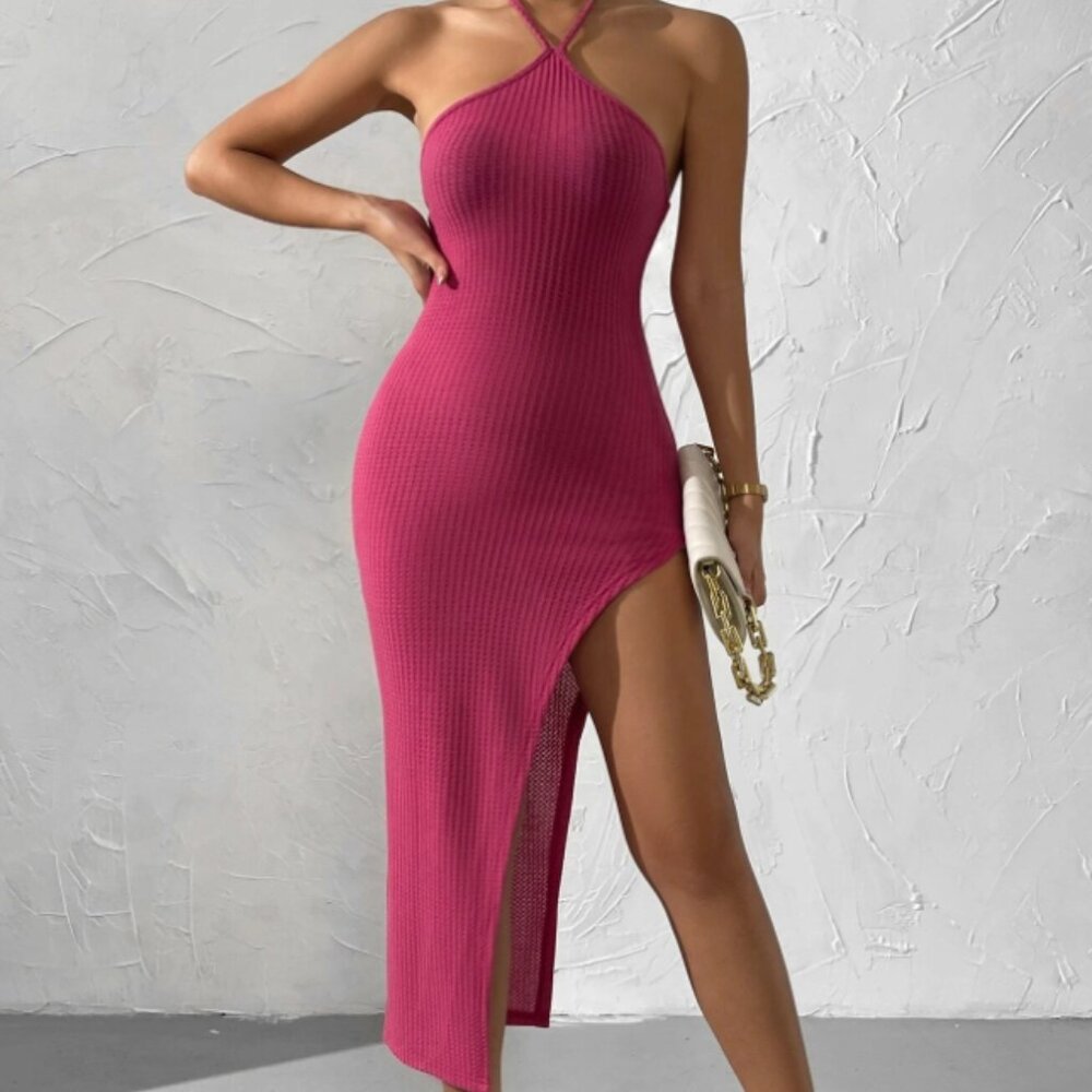 Sexy bodycon pink slit midi dress